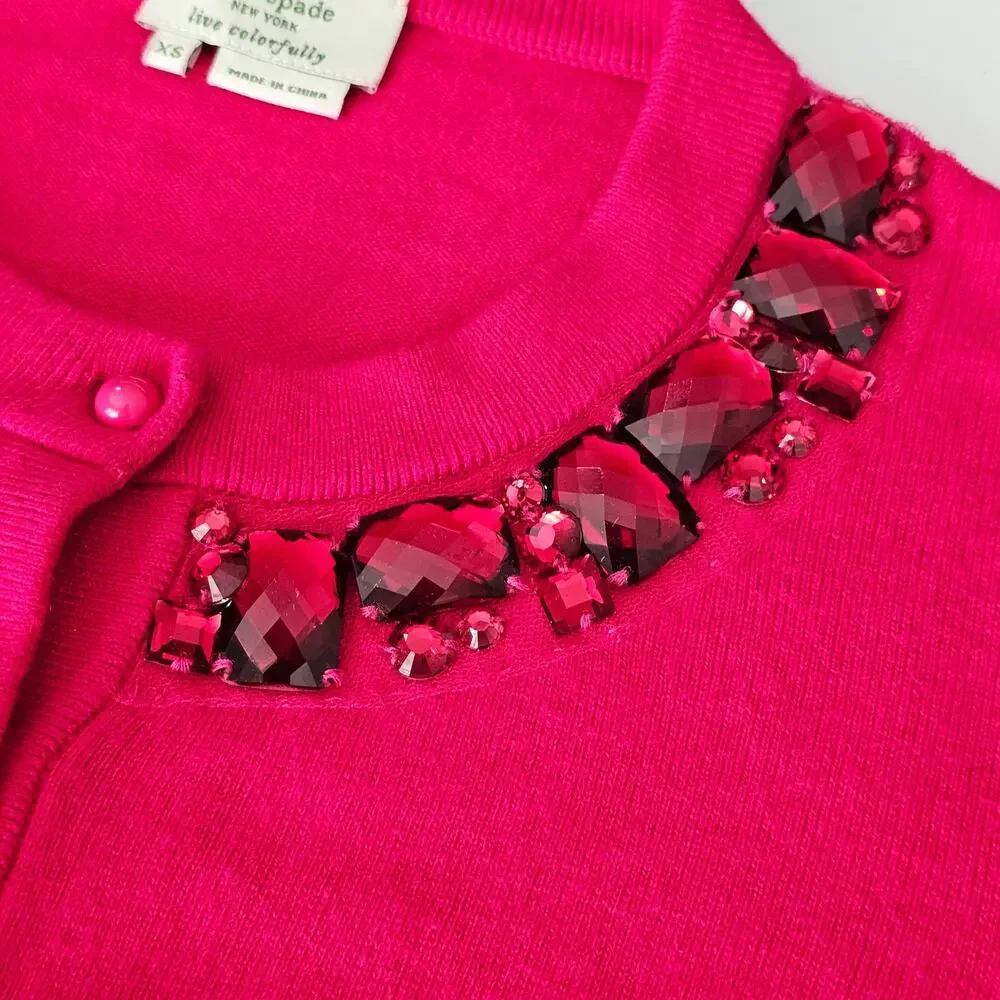Kate Spade Pink Cotton Wool Rabbit Hair Jeweled Beaded Neck Cardigan Sweater XS